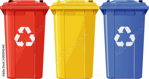  Contenedores de reciclaje en colores rojo, amarillo y azul.
