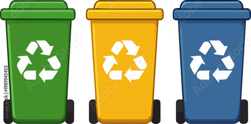  Contenedores de reciclaje de colores en estilo plano, ilustración vectorial ecológica.
