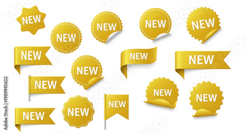 Image of several golden stickers and ribbons, each with the word 