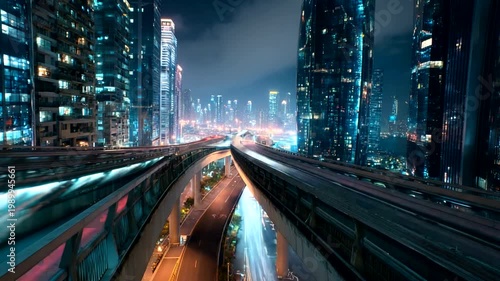 Nighttime cityscape with illuminated highways and buildings