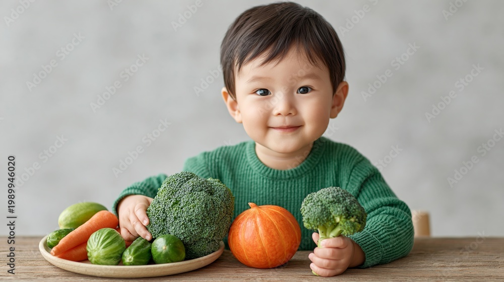 Fototapeta premium Young Asian boy in green sweater smiles while holding broccoli, surrounded by fresh vegetables including carrots, brussels sprouts, and a small pumpkin on a wooden table