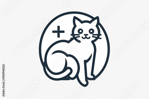 Simple line art logo featuring a cat sitting calmly inside a circle with a medical cross, ideal for veterinary clinics or pet health services
