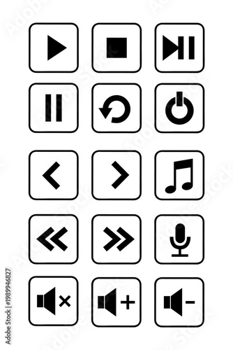 Hand drawn media control icons PNG, grunge black playback buttons, play pause stop rewind fast forward volume note, sketch style audio video UI set for apps, streaming, music players and design