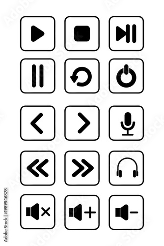 Hand drawn media control rounded icons PNG, grunge red playback buttons, play pause stop rewind fast forward volume icons, sketch style audio video UI set for apps, streaming, music players and design