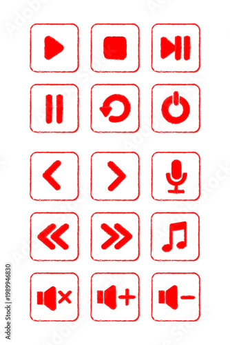 Hand drawn media control icons PNG, grunge red playback buttons, play pause stop rewind fast forward volume icons, sketch style audio video UI set for apps, streaming, music players and design