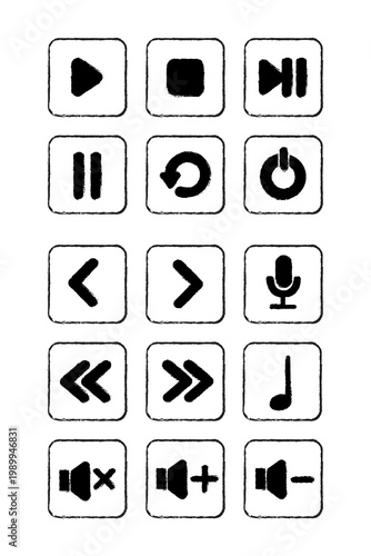 Hand drawn media control icons PNG, grunge black playback buttons, play pause stop rewind fast forward volume icons, sketch style audio video UI set for apps, streaming, music players and design