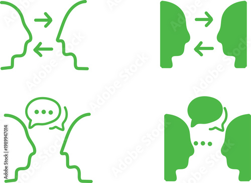 2 People Talking Green Icons Set - Men and Women Head Profiles with Speech Bubbles - Green Line Art and Glyph Silhouette - Communication, Feedback, and Group Chat Web Icons