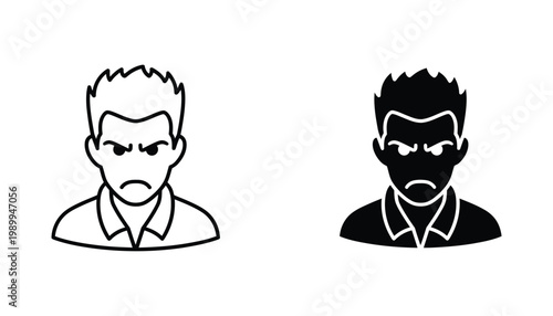 Angry young man face icon in outline and solid black style representing frustration and negative emotion