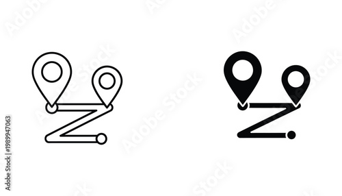 Navigation map route icon set with location pins marking start and end points for travel application design