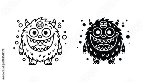 Cute fuzzy monster character with three eyes and wide grin in outline and solid black vector illustration for kids graphic design