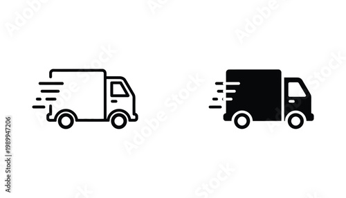 Fast delivery truck icon showing motion lines in outline and solid black silhouette for logistics and transportation mobile apps