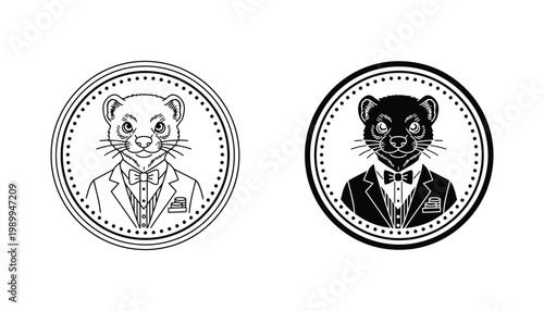 Otter in tuxedo portrait icon set for luxury branding and mascot design in black and white circular vector style