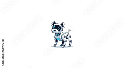 Cute futuristic robotic dog with blue accents and playful expression.