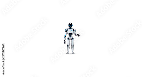 Futuristic humanoid robot standing with a white background.