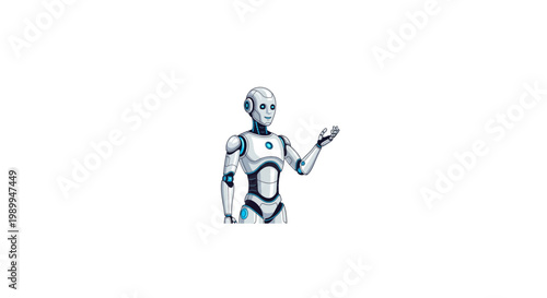 Futuristic humanoid robot with white and blue design raising hand.