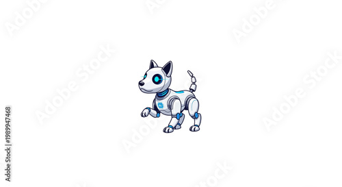 Cute robotic dog with futuristic design and blue glowing eyes.