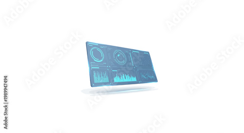 Futuristic digital interface displaying data analytics and charts in blue holographic style.