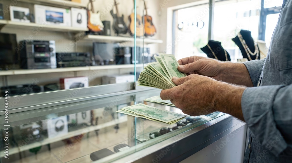 Fototapeta premium Hands counting a thick stack of one hundred dollar bills over a glass counter in a store
