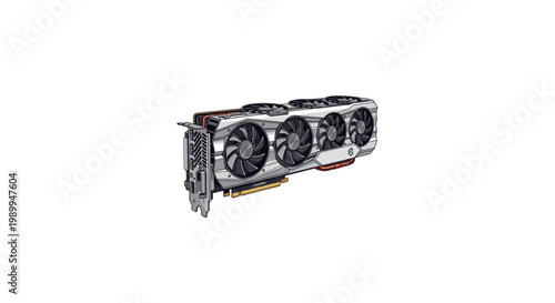 High-performance computer graphics card with triple cooling fans isolated on white background.