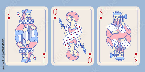 Queen King Jack of Clubs playing cards set vector pink blue style