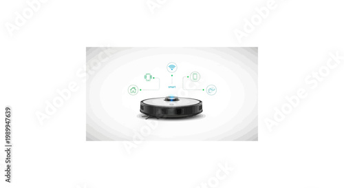 Modern robotic vacuum cleaner with smart home connectivity and cleaning icons.