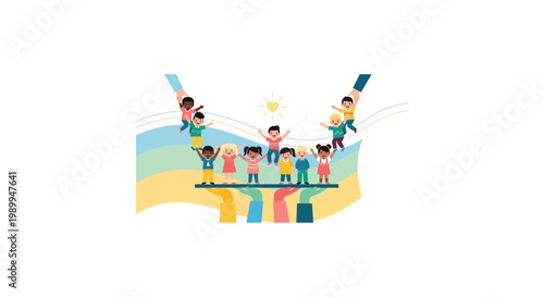 Diverse group of children holding hands standing on colorful abstract shapes symbolizing unity and teamwork.