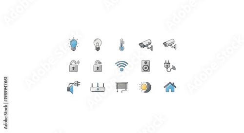 Set of various smart home and technology icons in gray and blue colors.