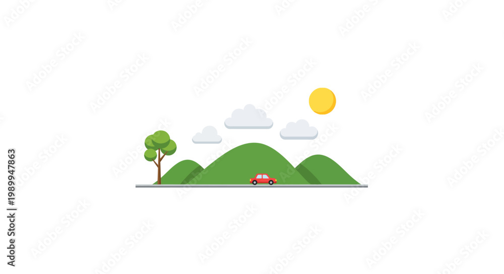 Fototapeta premium Minimalist illustration of a sunny landscape with hills, trees, clouds, and a red car last 2026.