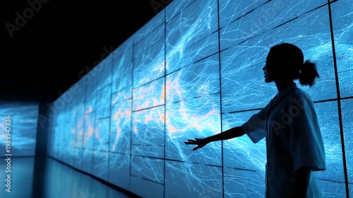 Person interacting with digital display in dark room