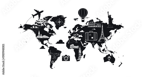 World map featuring iconic landmarks and travel elements in black silhouette