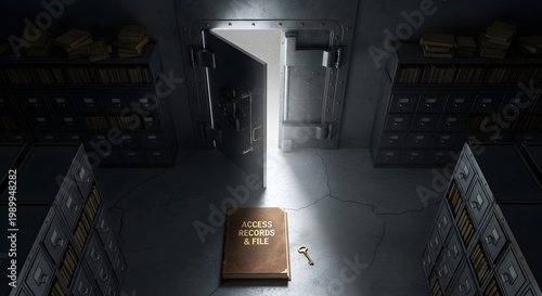 Vault door open with book and key, filing cabinets and shelves of books