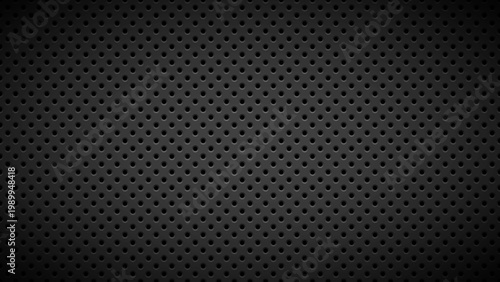 Black abstract technology background with seamless circle perforated pattern, carbon speaker grill texture a for design concepts, wallpapers, presentations, web and prints. Vector illustration.
