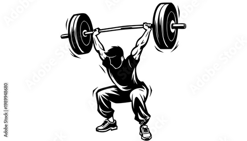 Man lifting weights in squat position, exercising with barbell