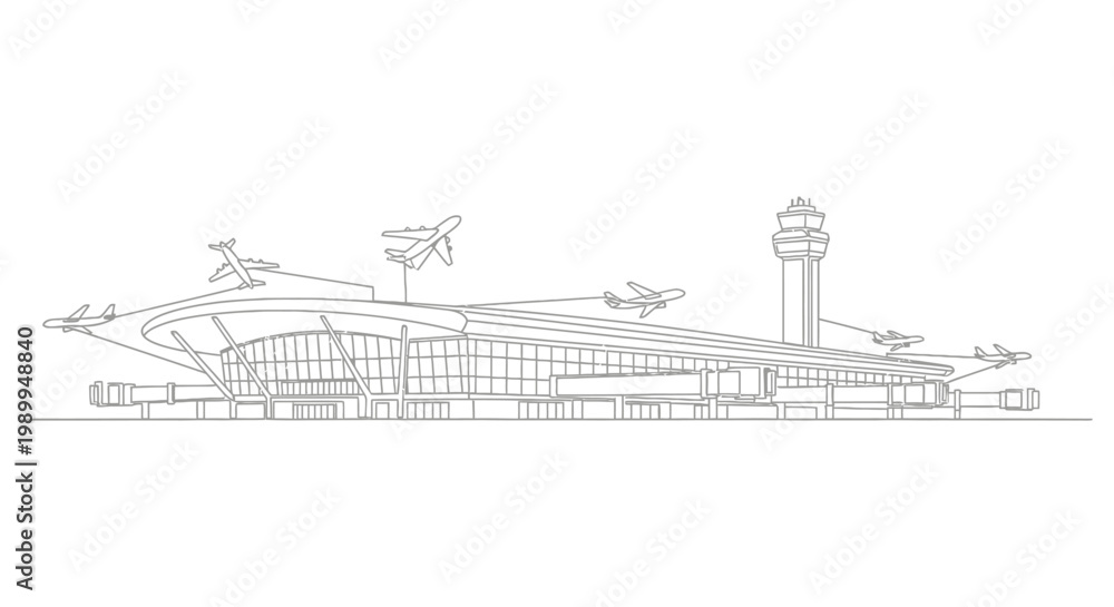 Fototapeta premium Modern Airport Terminal Building with Airplanes Taking Off and Landing, Control Tower
