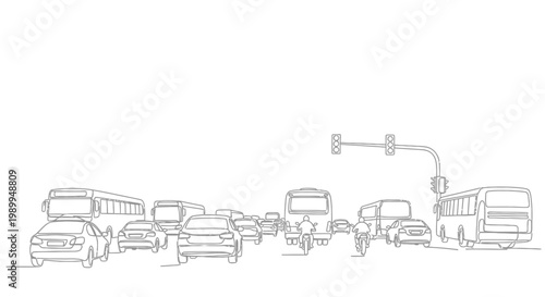Urban Traffic Jam Sketch: Cars, Buses, Motorcycle, Traffic Lights on White Background