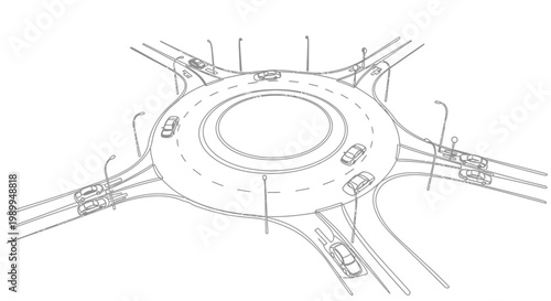Modern Roundabout Traffic Flow - Isometric Sketch of Cars on Circular Intersection
