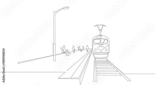 Minimalist Line Drawing: Tram Arriving at Station with People Waiting