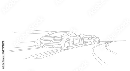 Dynamic car race sketch, sports cars speeding on a curved road, motion blur effect