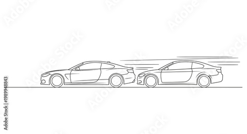 Outline drawing of two sports cars racing side by side, dynamic motion lines, isolated on white background