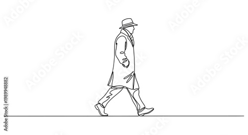 Man in Hat and Trench Coat Walking, Continuous Line Drawing