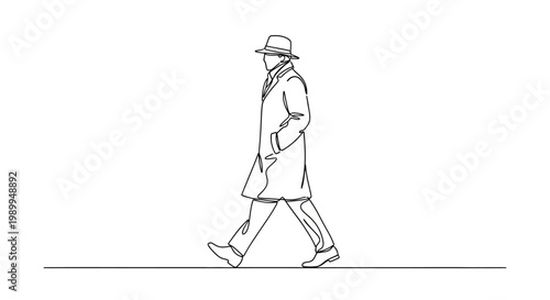 Elegant Gentleman Walking in Trench Coat and Fedora Hat, Minimalist Line Art