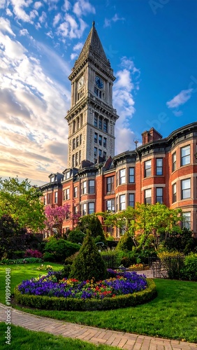 Ornate clock tower overlooks brick building surrounded by lush gardens under a blue sky with wispy clouds