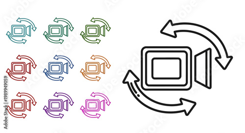 Video, camera, exchange, swap, switch icons, 10 colorful symbols, black outline