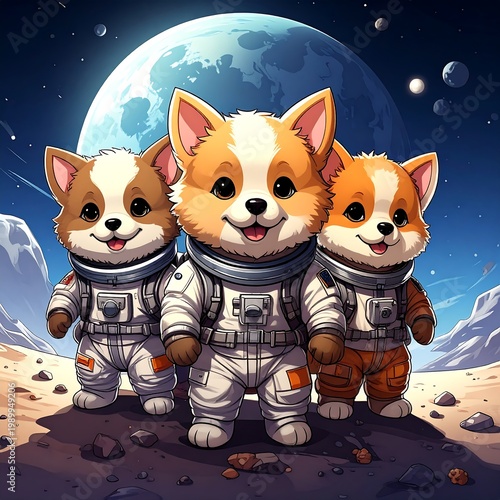 Corgi astronauts stand on moon before Earth. Space suits. Playful, whimsical. Full moon backdrop. Cute