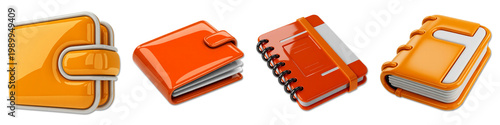 Four orange 3 d rendered wallets and notebooks on black background journal
