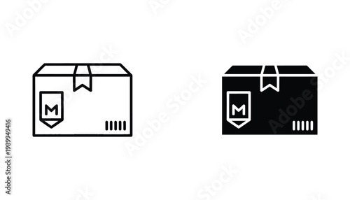 Cardboard shipping box with tag outline and solid icon set for logistics e-commerce and delivery service branding