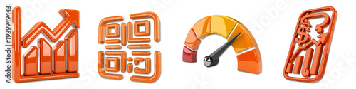 Orange 3 d growth chart, qr code, speedometer, dollar sign upward arrow