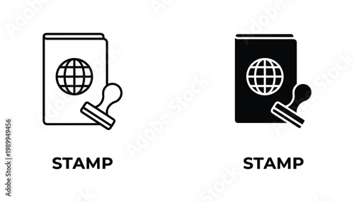 Passport stamp icon set in outline and solid black styles for travel documentation and identity verification graphic design elements
