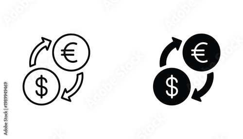 Currency exchange icon set featuring euro and dollar coins with directional arrows for financial market analysis and banking interface design