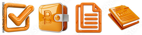 Orange checkmark, wallet with b, document pages, and open book tick letter b